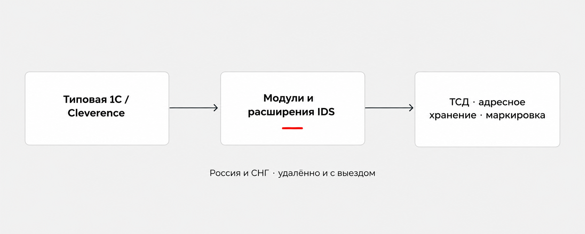 Подход IDS: типовая 1С и Cleverence → модули и расширения IDS → ТСД, адресное хранение, маркировка. Россия и СНГ — удалённо и с выездом.